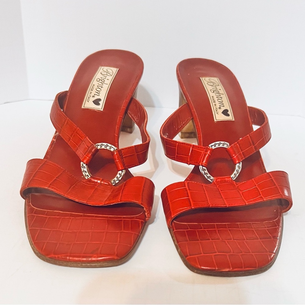 Brighton Red Brown Leather Crocodile Print Terry Slide Heel Sandal Women's 8M